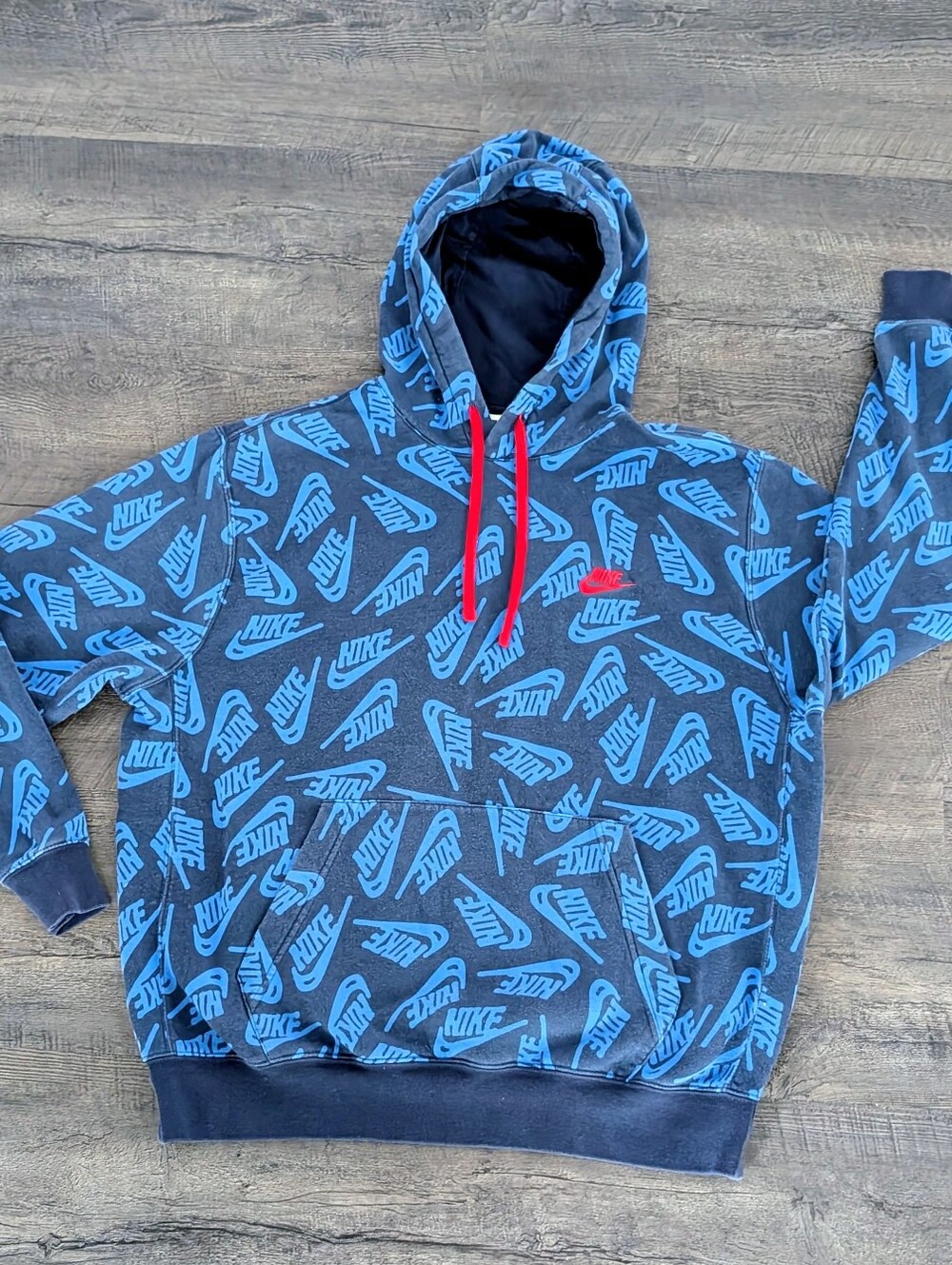 Nike Hoodie Mens Large Blue All Over Logo Swoosh Pullover Fleece Skater AOP